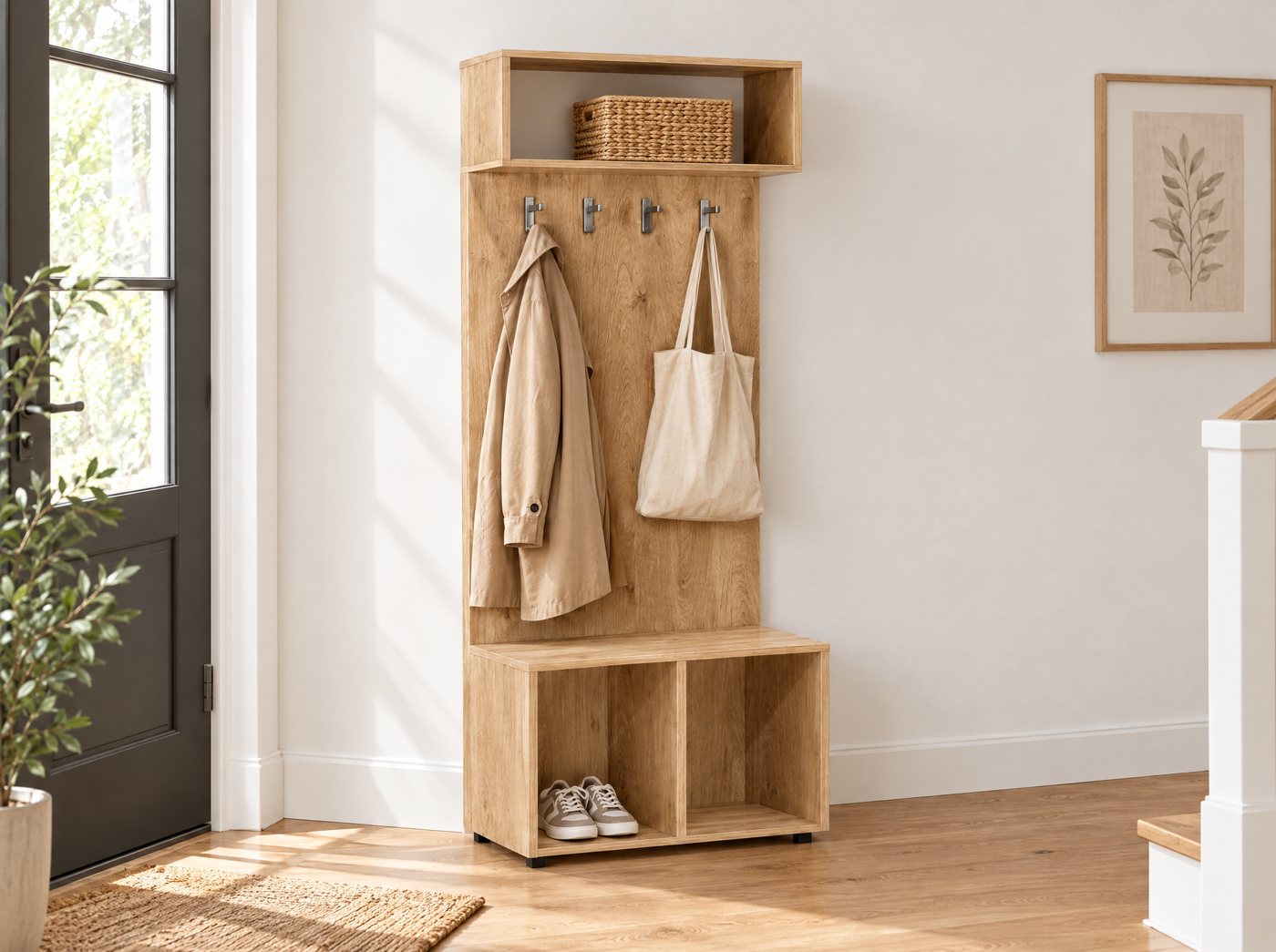 Entryway bench with coat rack in a hallway