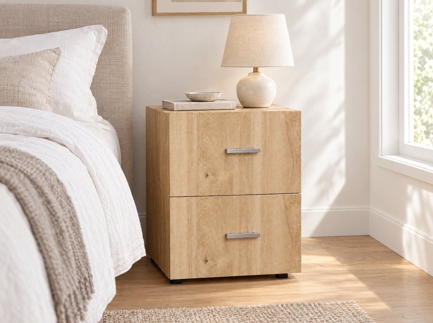 Nightstand beside a bed